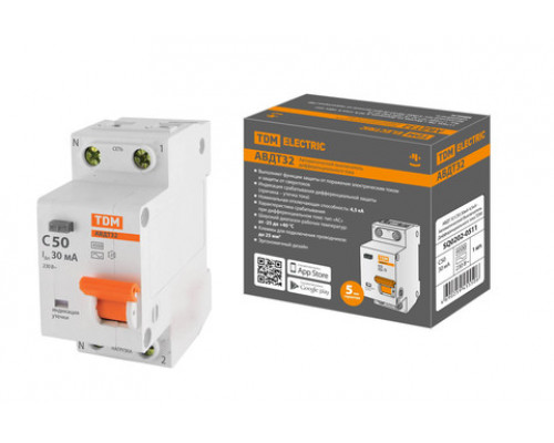 Диф АВДТ 2P(1P+N) C50А 30мА 4,5кА тип АС TDM SQ0202-0511