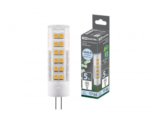 Лампа светодиодная G4-5 Вт-AC/DC 12 В-4000 К, SMD, 16x57 мм TDM