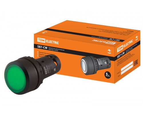 Кнопка SB7-CW3365 с возвратом, 1НО+1НЗ, d22 мм, 220 В LED, зеленая, IP54 TDM SQ0746-0033