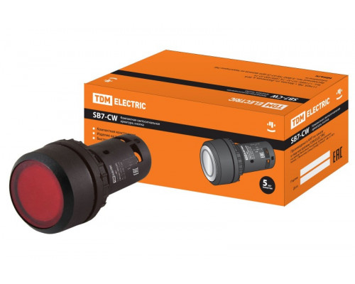 Кнопка SB7-CW3465 с возвратом, 1НО+1НЗ, d22 мм, 220 В LED, красная, IP54 TDM SQ0746-0035